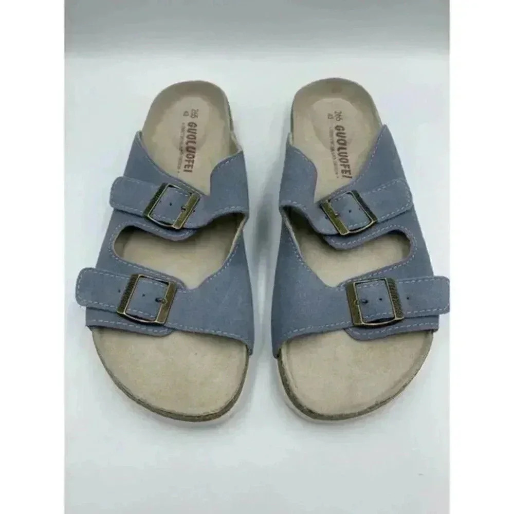 GUOLUOFEI Blue SUEDE‎ SLIDES FOOTBED SANDALS 43